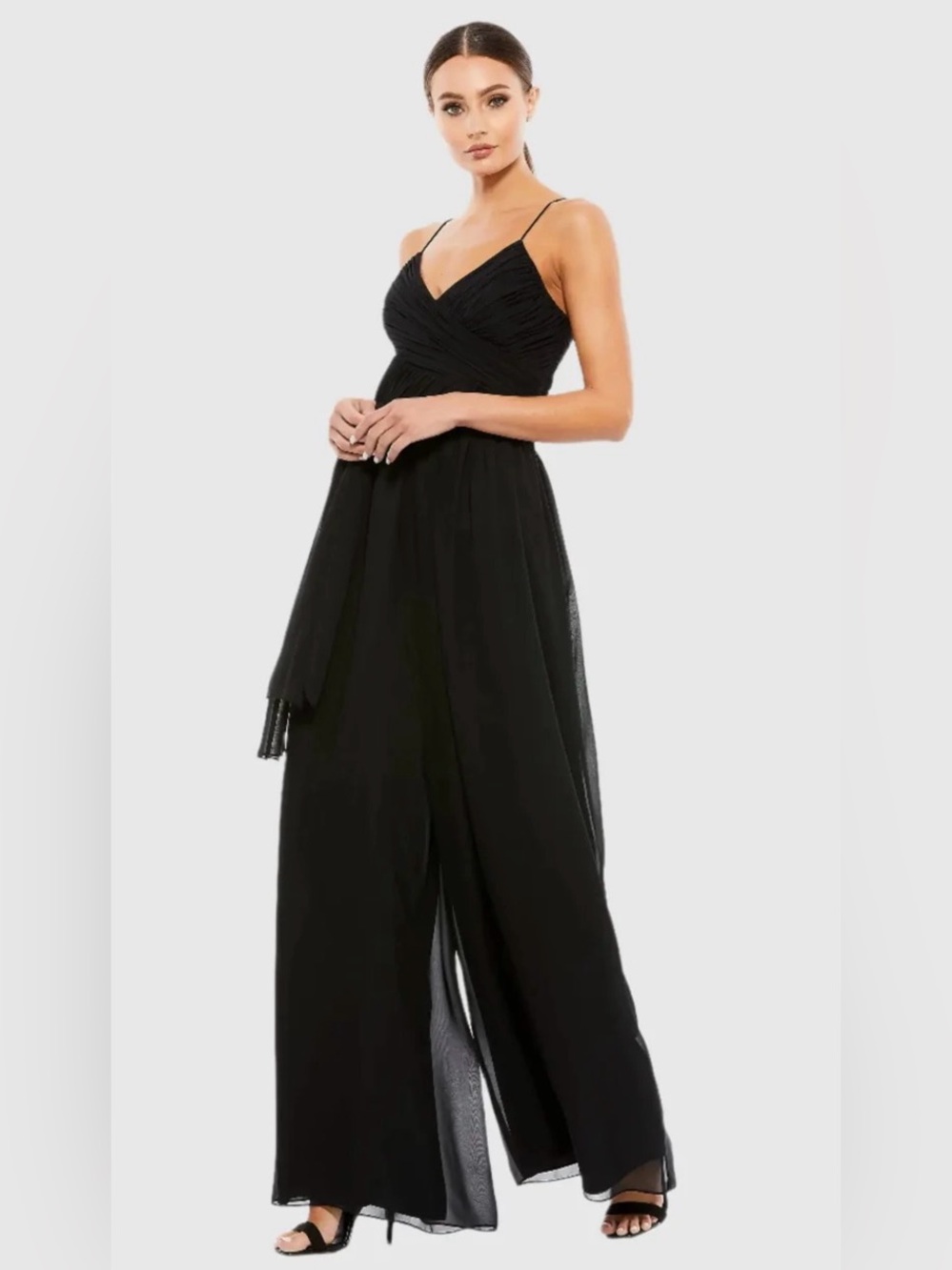 Mac Duggal Black Spaghetti-Strap Jumpsuit with Waist Tie
